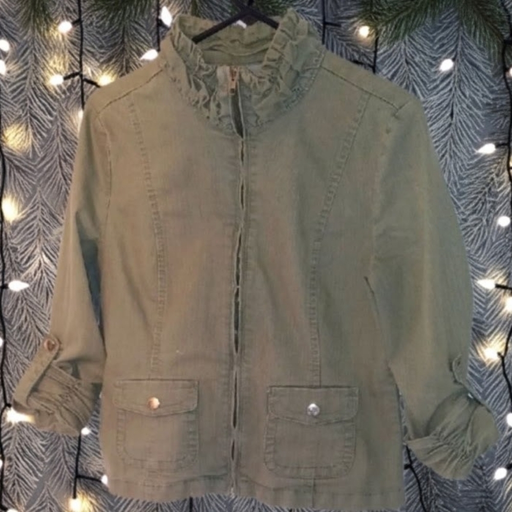 Live a Little Army Green Utility Jacket w/ High Collar, M - Picture 1 of 8